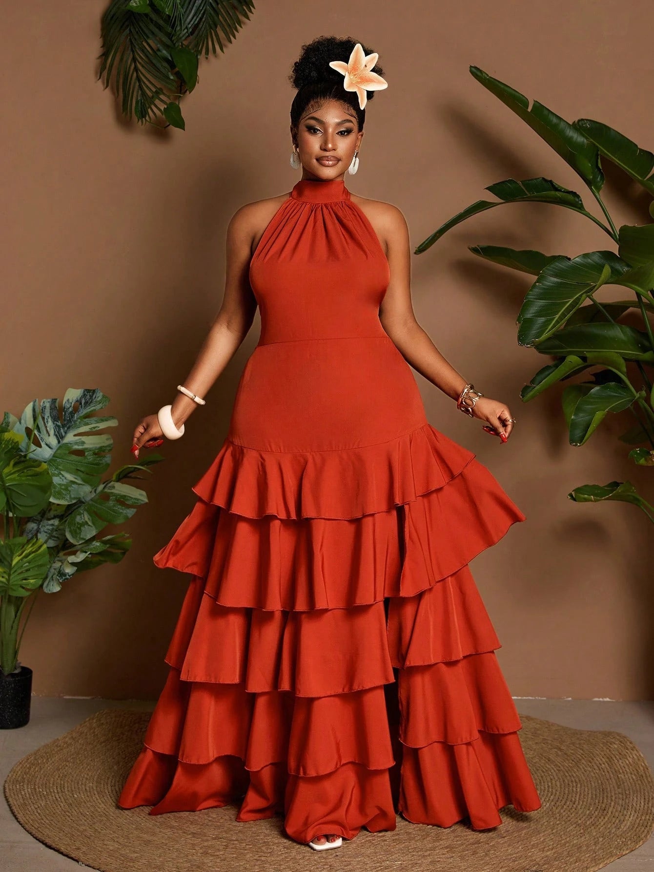 Plus-size multi-layered ruffle halter neck dress