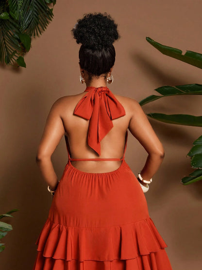 Plus-size multi-layered ruffle halter neck dress