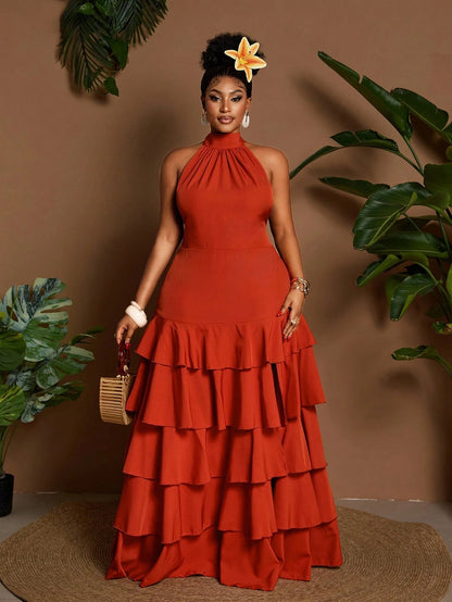 Plus-size multi-layered ruffle halter neck dress