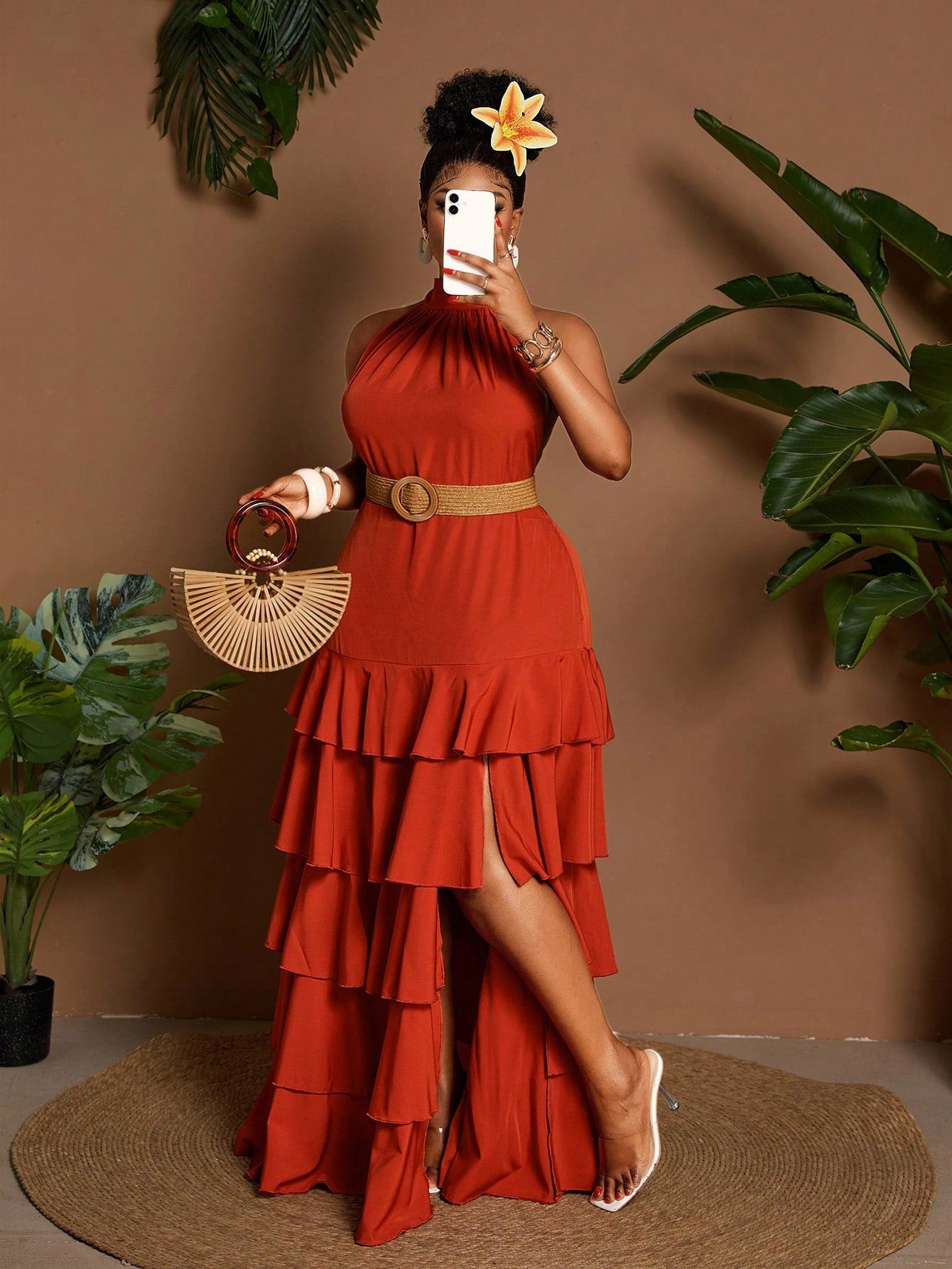 Plus-size multi-layered ruffle halter neck dress