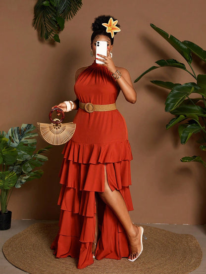 Plus-size multi-layered ruffle halter neck dress
