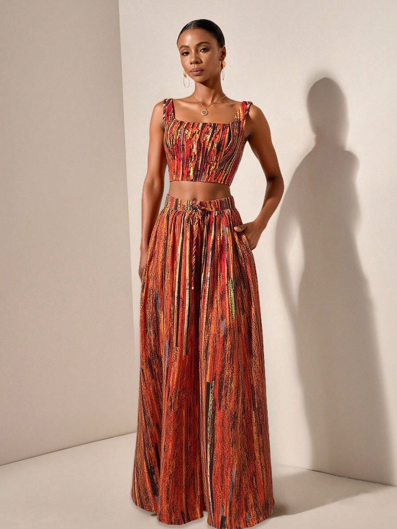 Textured top and wide leg pants with pockets