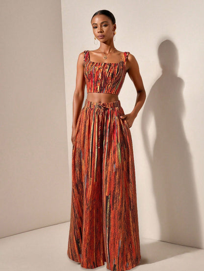 Textured top and wide leg pants with pockets