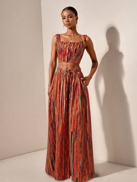 Textured top and wide leg pants with pockets