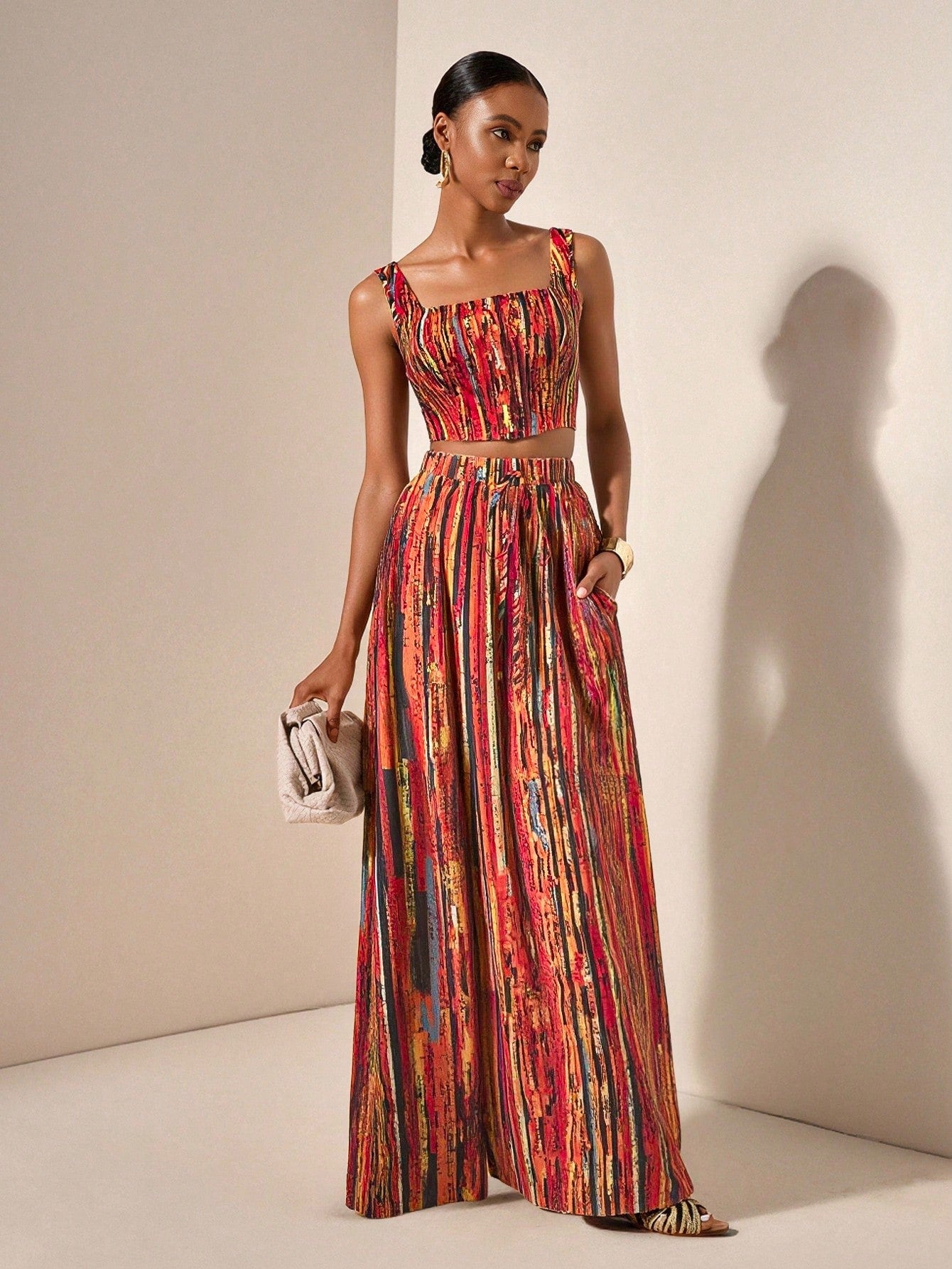 Textured top and wide leg pants with pockets