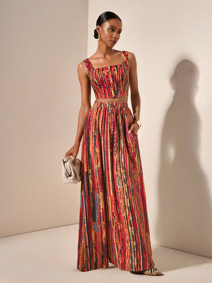 Textured top and wide leg pants with pockets