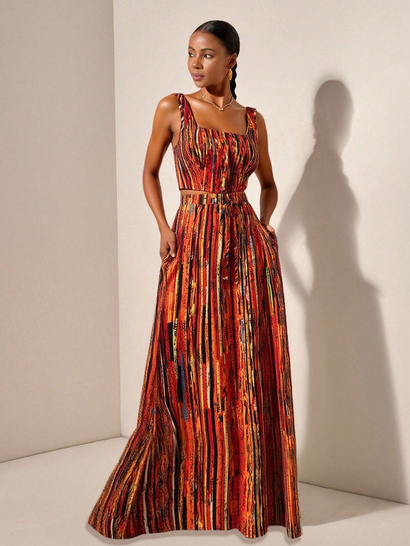 Textured top and wide leg pants with pockets