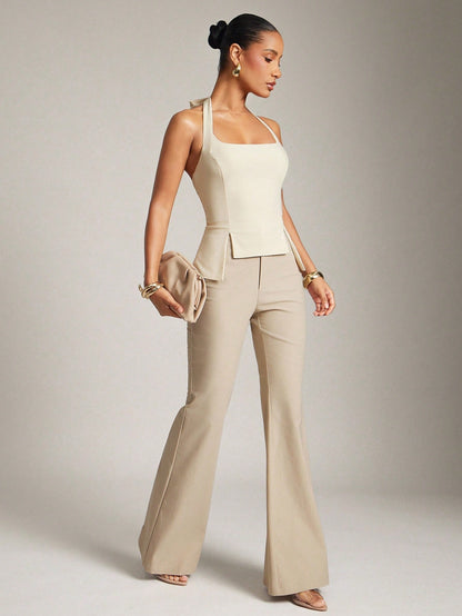 Scoop neck fitted top with adjustable neck tie