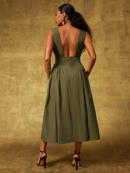 Plunge neck pleated midi dress