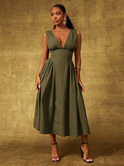 Plunge neck pleated midi dress