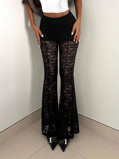 Floral pattern lace flare pants with pants underneath