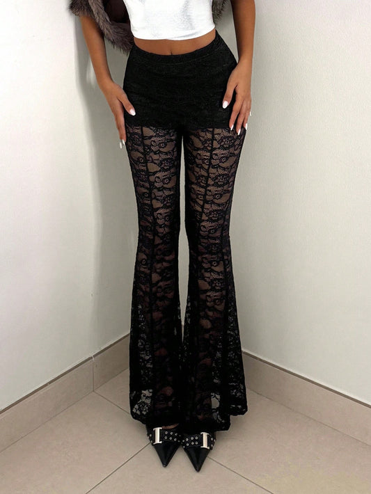 Floral pattern lace flare pants with pants underneath