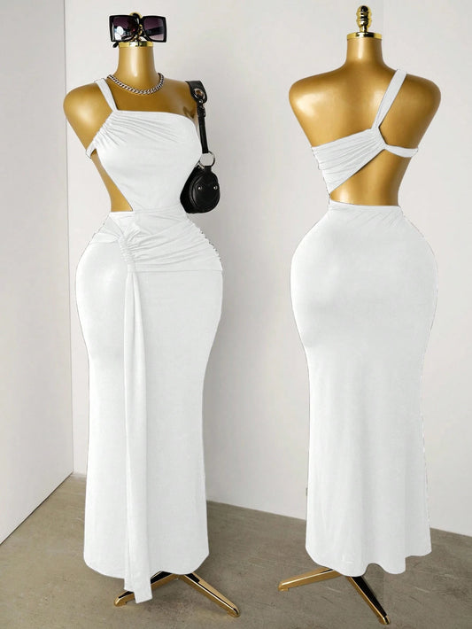 Asymmetric Ruched Waist Cut-Out Dress