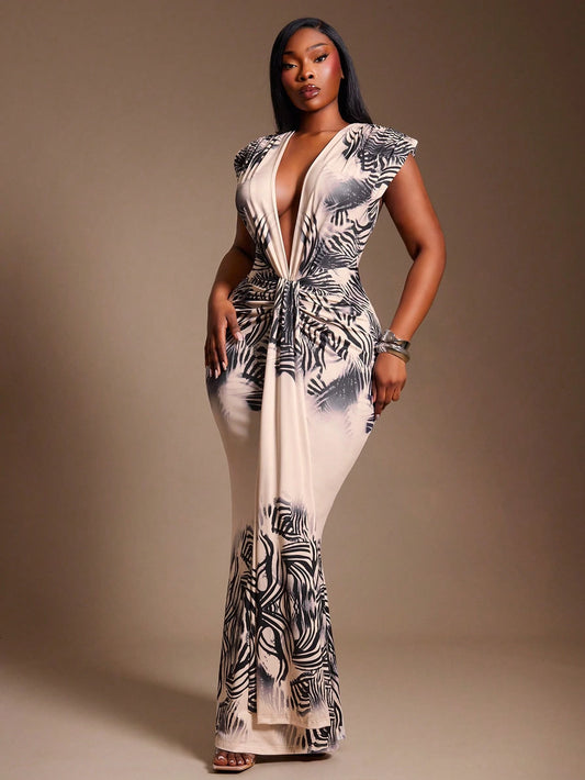 Plus-size Padded shoulder v-neck maxi dress
