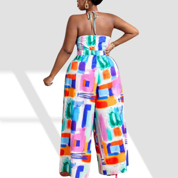 Plus-size Brush Printed Halter Jumpsuit