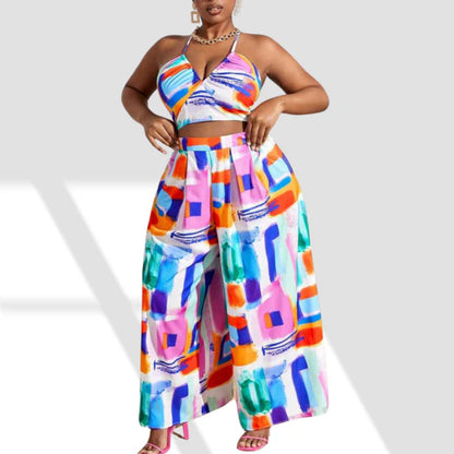 Plus-size Brush Printed Halter Jumpsuit