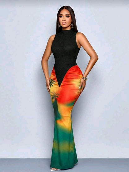 Tropical turtleneck maxi dress