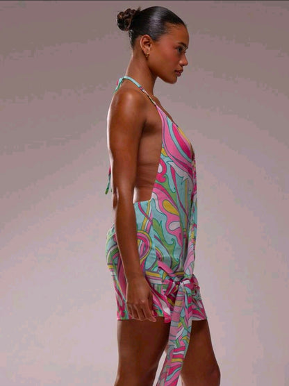 Tropical halter front tie mini dress