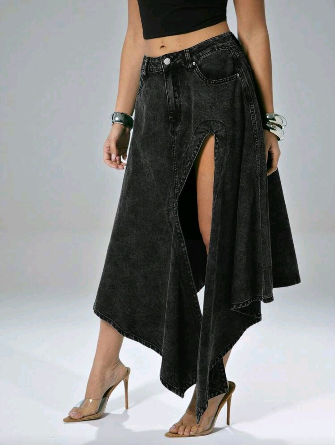 Asymmetrical Slit Denim Midi Skirt