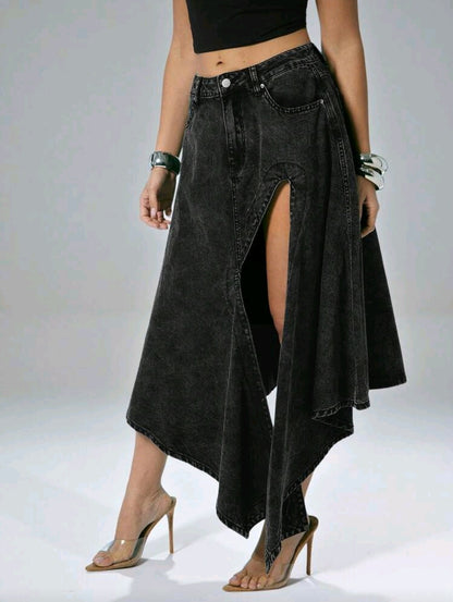 Asymmetrical Slit Denim Midi Skirt