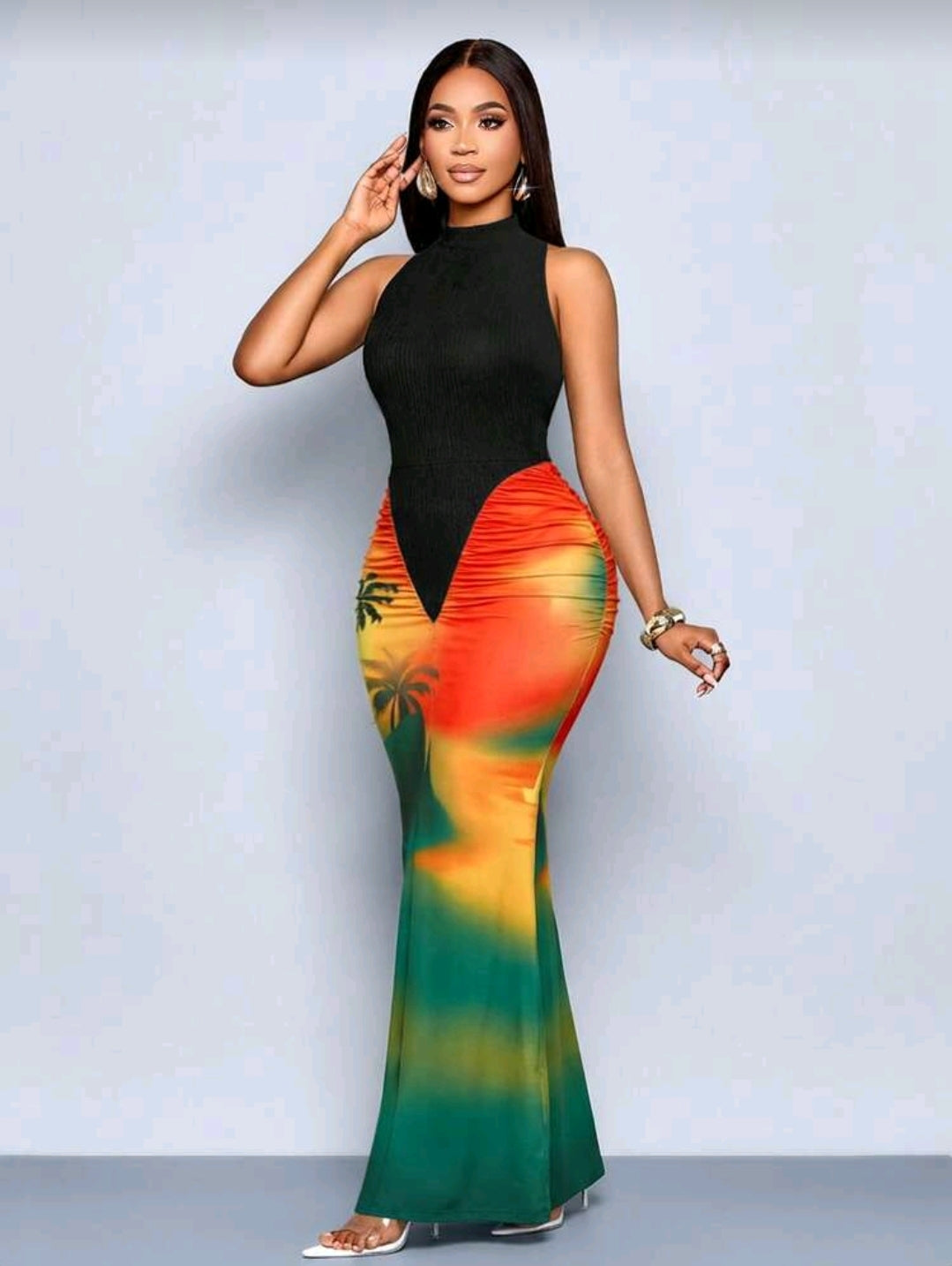 Tropical turtleneck maxi dress
