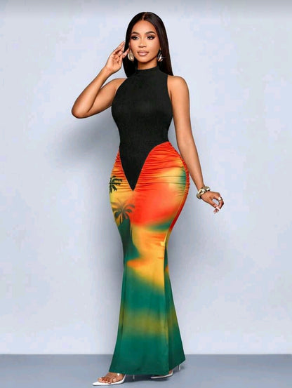 Tropical turtleneck maxi dress