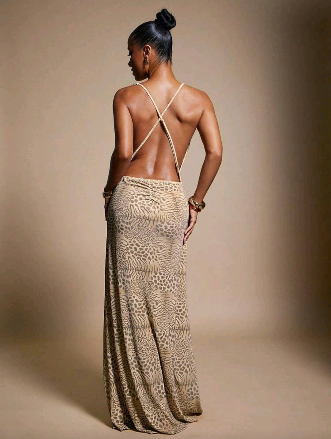Draped neck high slit maxi dress