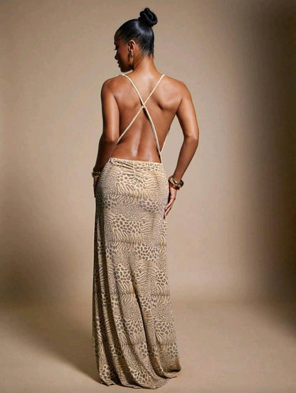 Draped neck high slit maxi dress