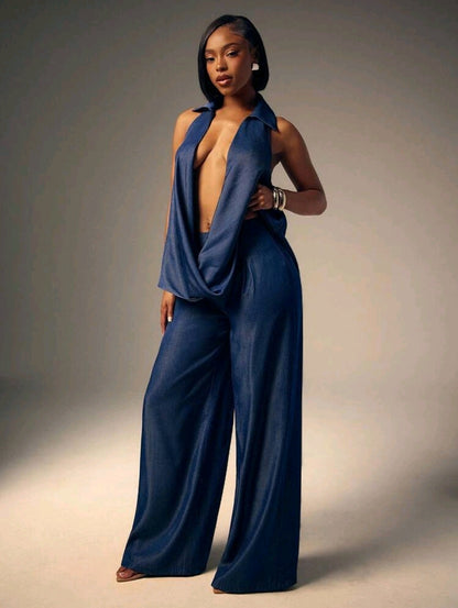 Plunge neck top and wide leg pants