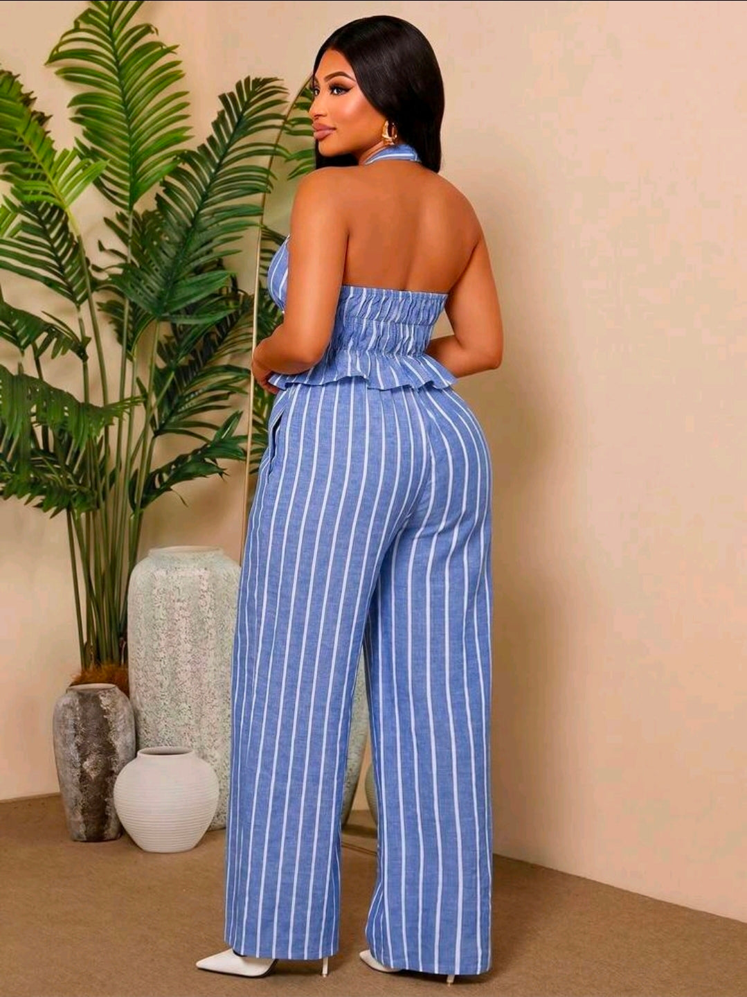 Plus-size striped halter top and pants set