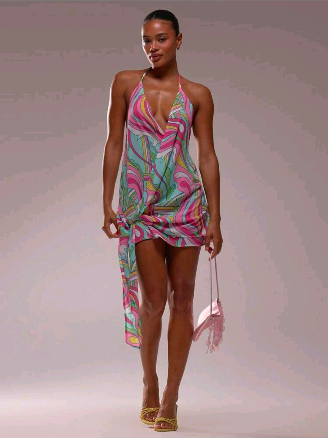 Tropical halter front tie mini dress