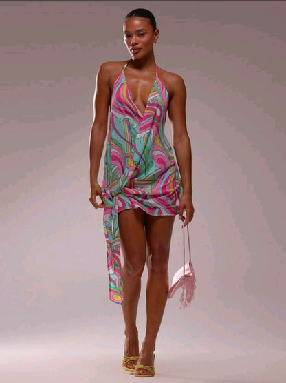 Tropical halter front tie mini dress