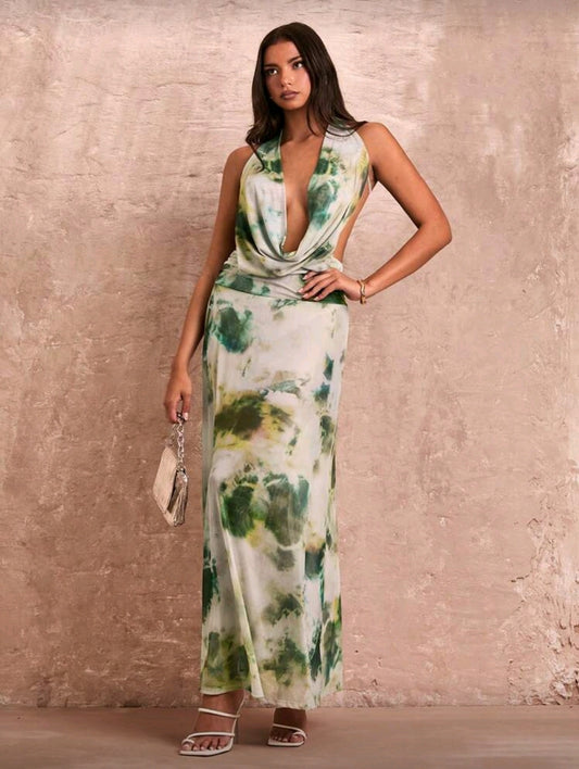 Tie-dye print deep v- neck backless dress