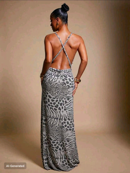 Draped neck high slit maxi dress