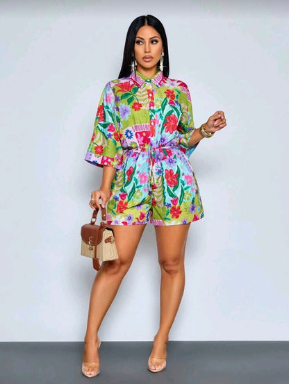 Tropical print belted romper