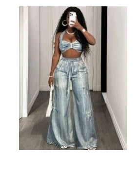 Faux Denim two piece pants set