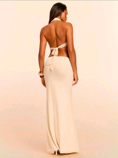 Deep plunge cut out halter dress
