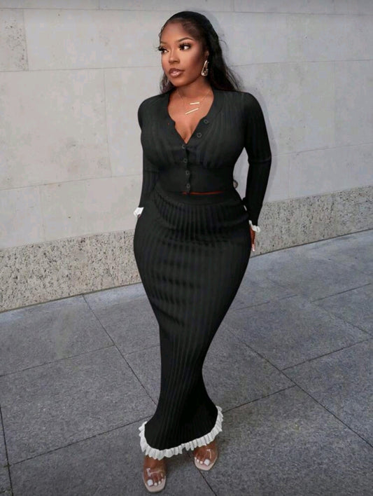 V-neck long-sleeved sweater skirt set