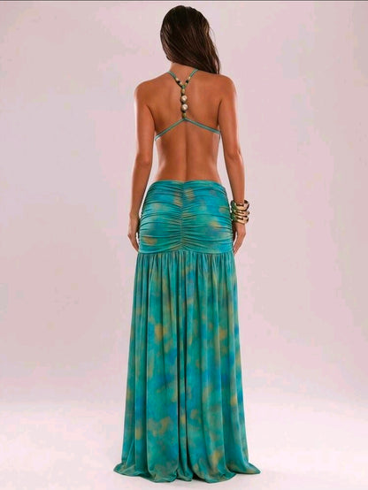 Beaded backless tie dye dress