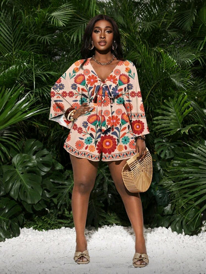 Plus- size v-neck loose romper