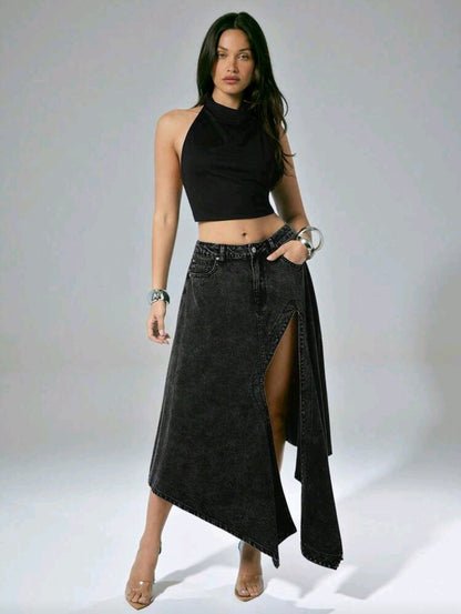 Asymmetrical Slit Denim Midi Skirt