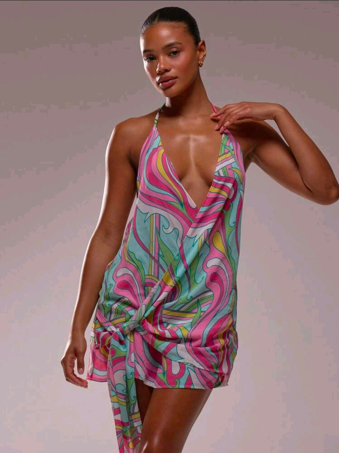 Tropical halter front tie mini dress