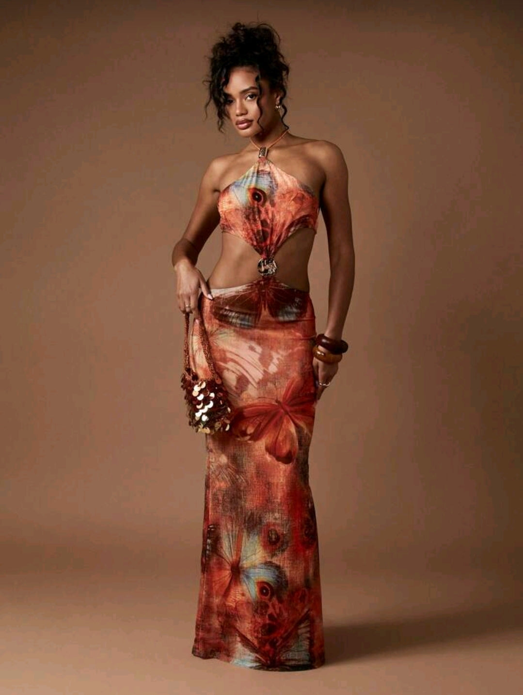 Butterfly print halter maxi dress