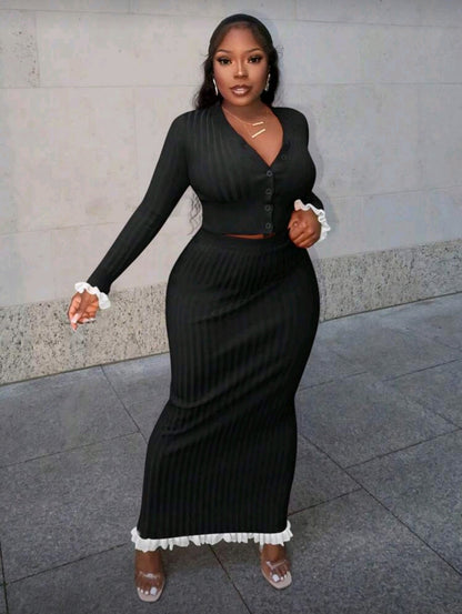 V-neck long-sleeved sweater skirt set