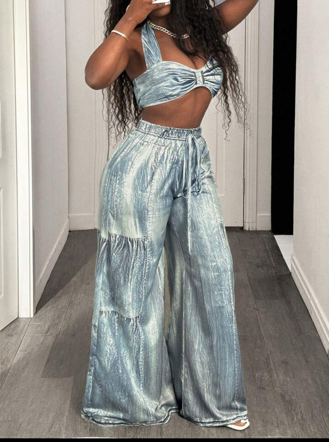 Faux Denim two piece pants set