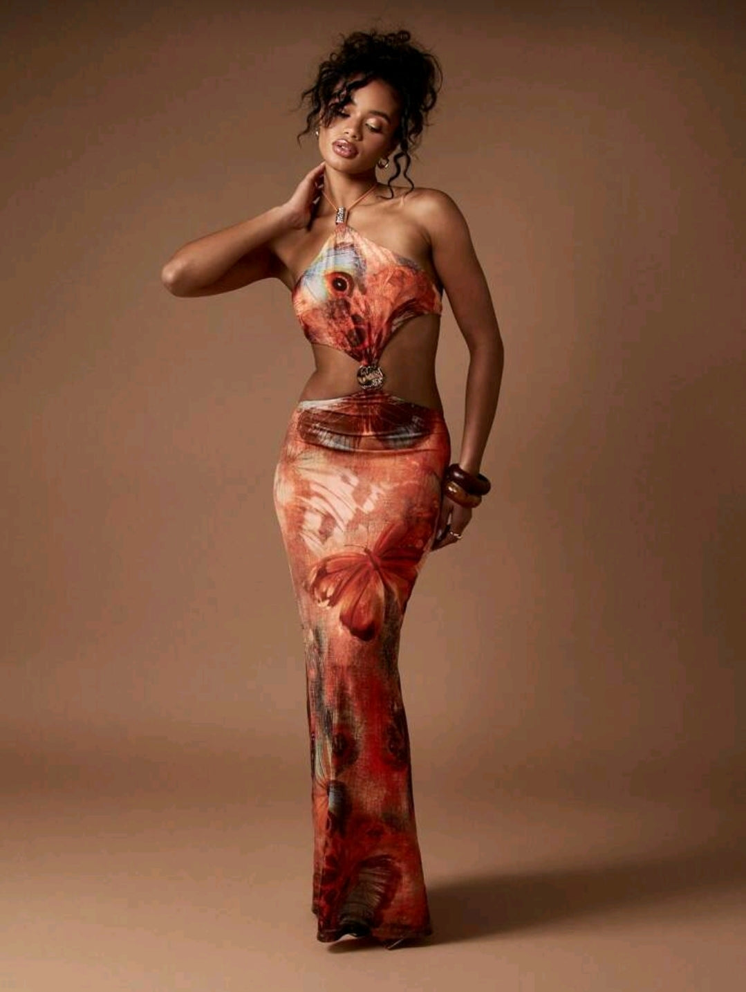 Butterfly print halter maxi dress