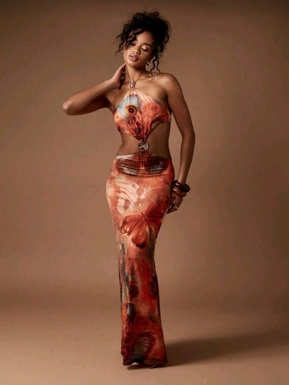Butterfly print halter maxi dress