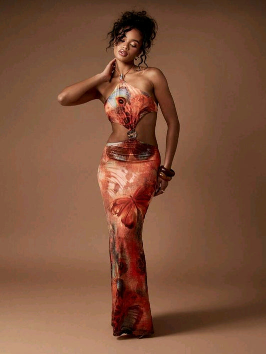 Butterfly print halter maxi dress