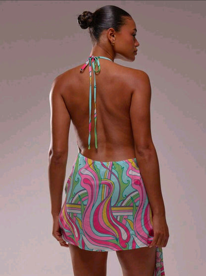 Tropical halter front tie mini dress