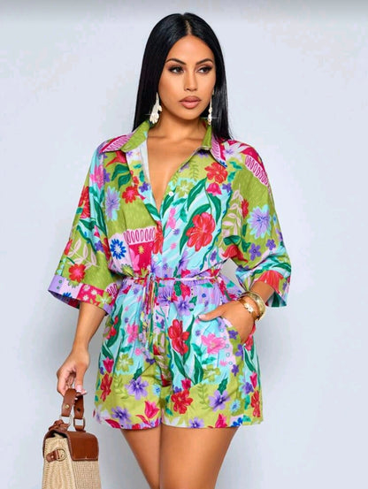 Tropical print belted romper